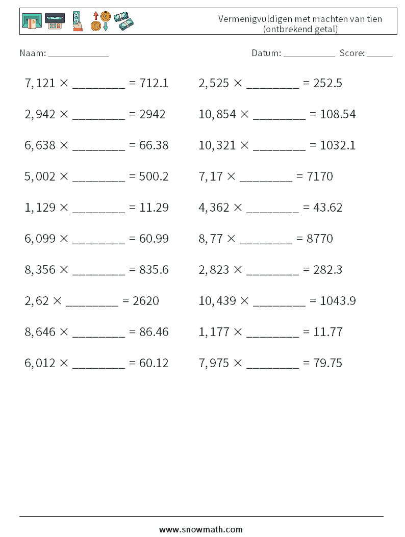 Vermenigvuldigen met machten van tien (ontbrekend getal) Wiskundige werkbladen 6