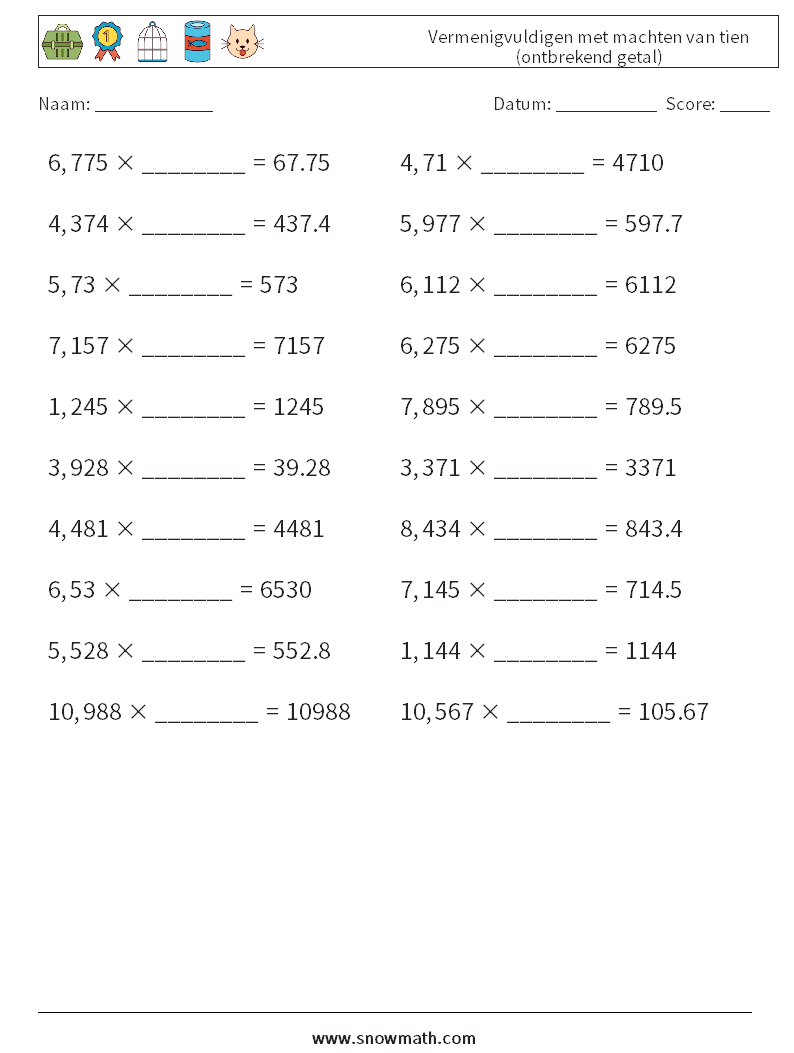 Vermenigvuldigen met machten van tien (ontbrekend getal) Wiskundige werkbladen 7