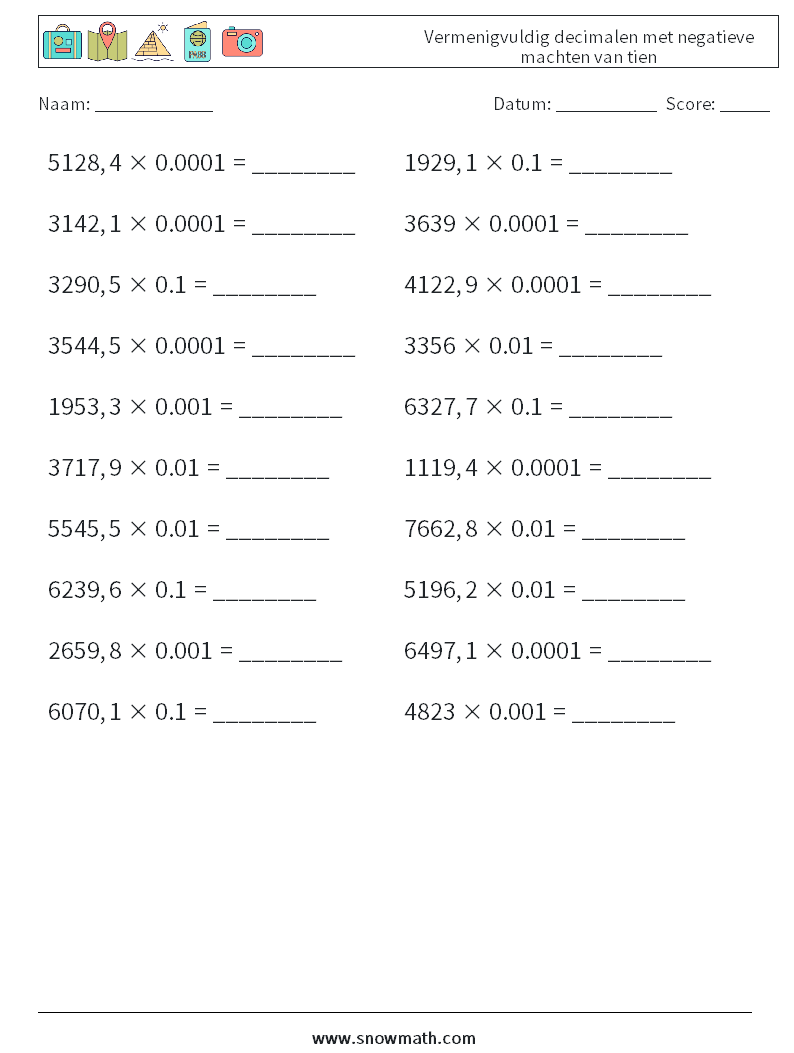 Vermenigvuldig decimalen met negatieve machten van tien Wiskundige werkbladen 10