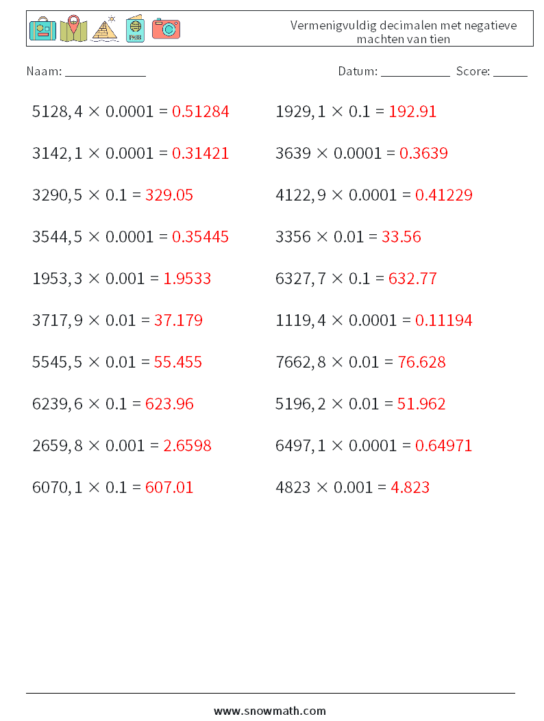 Vermenigvuldig decimalen met negatieve machten van tien Wiskundige werkbladen 10 Vraag, Antwoord