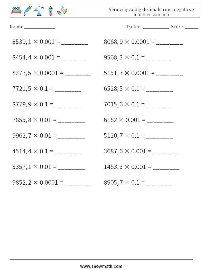 Vermenigvuldig decimalen met negatieve machten van tien Wiskundige werkbladen 11