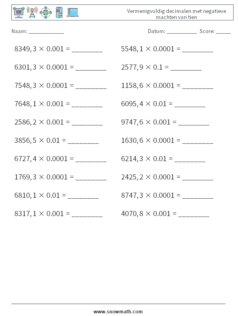 Vermenigvuldig decimalen met negatieve machten van tien Wiskundige werkbladen 12