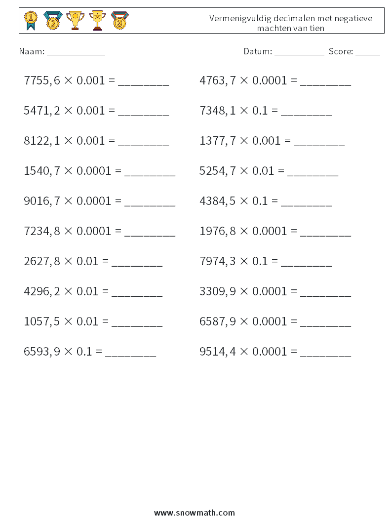 Vermenigvuldig decimalen met negatieve machten van tien Wiskundige werkbladen 13