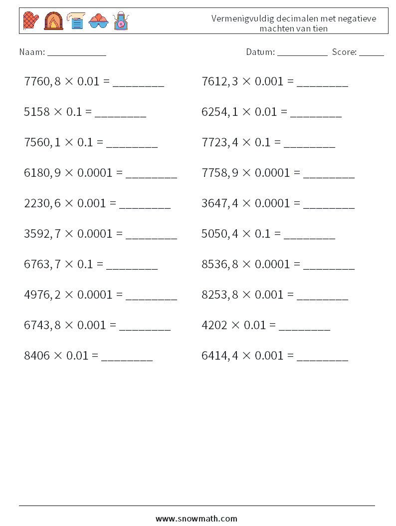 Vermenigvuldig decimalen met negatieve machten van tien Wiskundige werkbladen 15