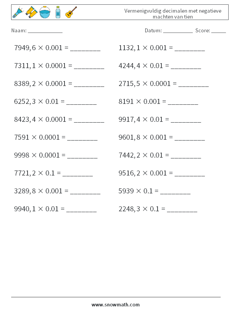 Vermenigvuldig decimalen met negatieve machten van tien Wiskundige werkbladen 16