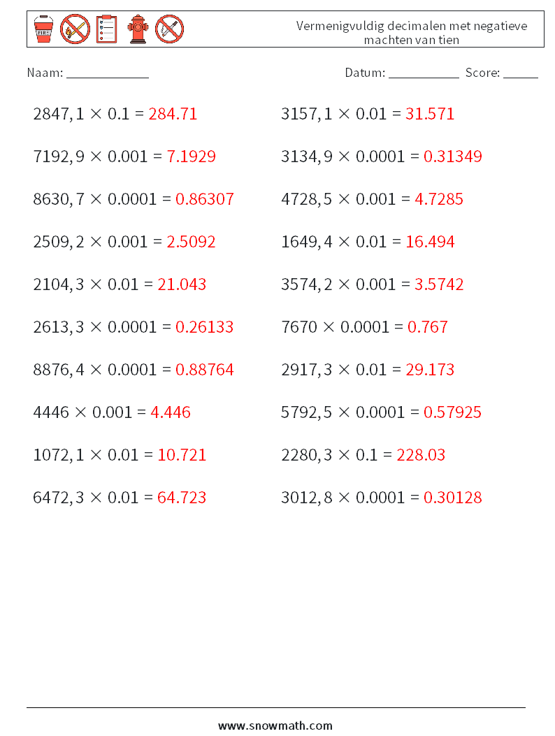 Vermenigvuldig decimalen met negatieve machten van tien Wiskundige werkbladen 2 Vraag, Antwoord