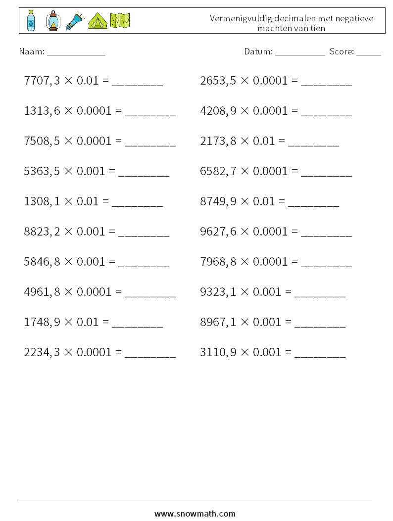 Vermenigvuldig decimalen met negatieve machten van tien Wiskundige werkbladen 3