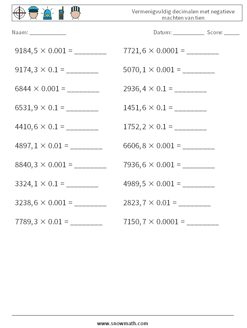 Vermenigvuldig decimalen met negatieve machten van tien Wiskundige werkbladen 5