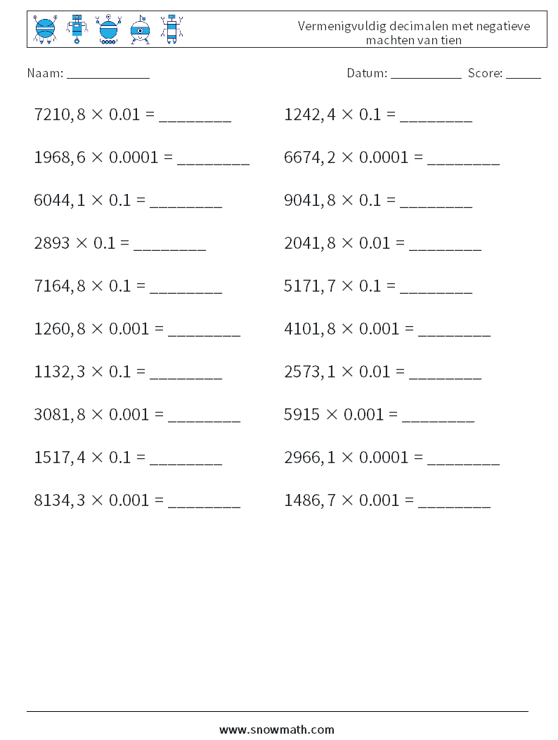 Vermenigvuldig decimalen met negatieve machten van tien Wiskundige werkbladen 6