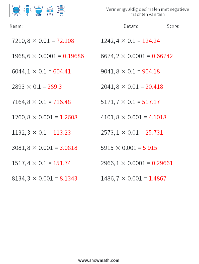 Vermenigvuldig decimalen met negatieve machten van tien Wiskundige werkbladen 6 Vraag, Antwoord