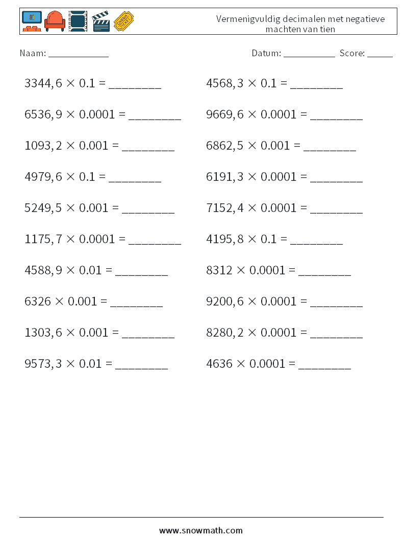 Vermenigvuldig decimalen met negatieve machten van tien Wiskundige werkbladen 7