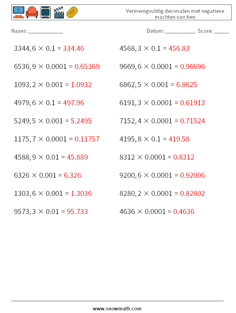 Vermenigvuldig decimalen met negatieve machten van tien Wiskundige werkbladen 7 Vraag, Antwoord