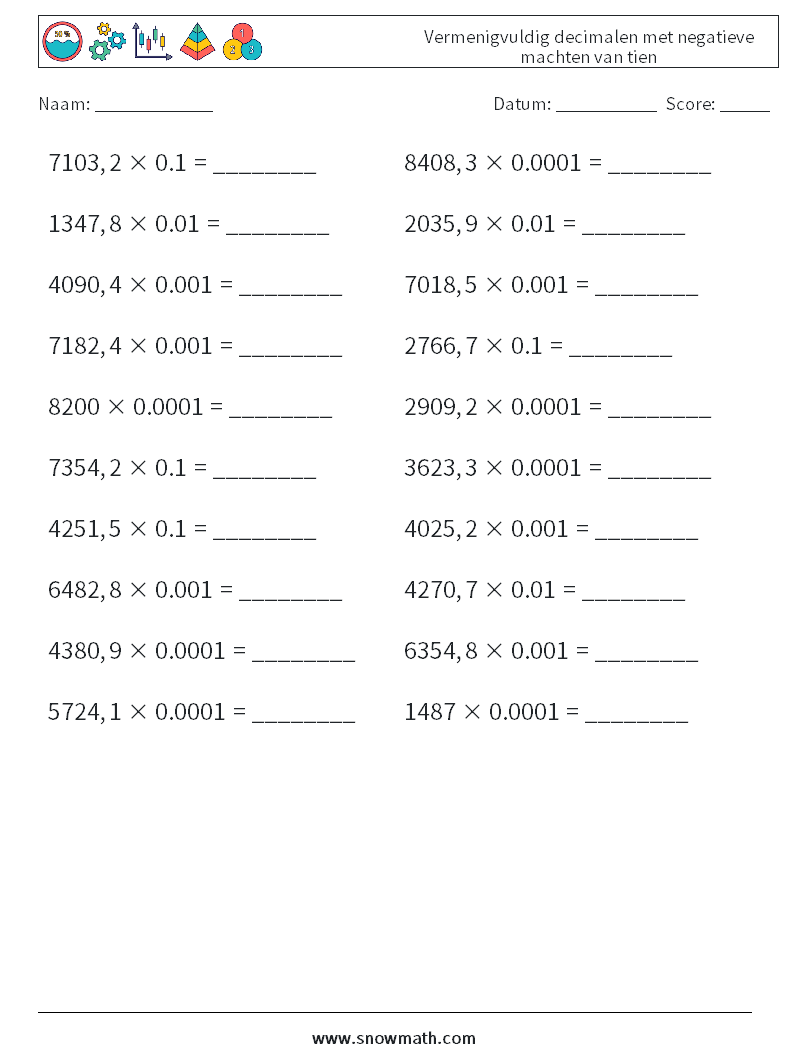 Vermenigvuldig decimalen met negatieve machten van tien Wiskundige werkbladen 9