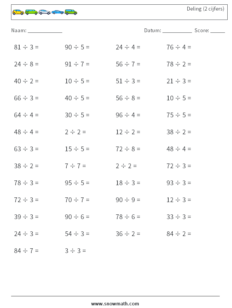 (50) Deling (2 cijfers) Wiskundige werkbladen 2