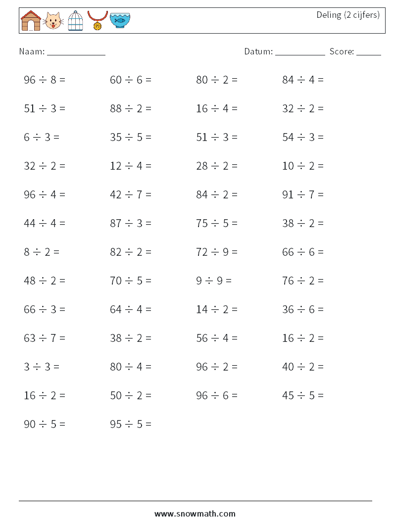 (50) Deling (2 cijfers) Wiskundige werkbladen 7