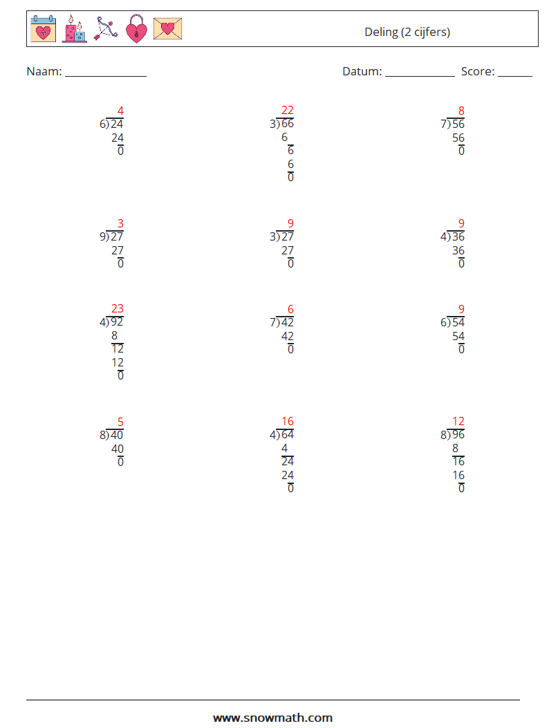 (12) Deling (2 cijfers) Wiskundige werkbladen 12 Vraag, Antwoord