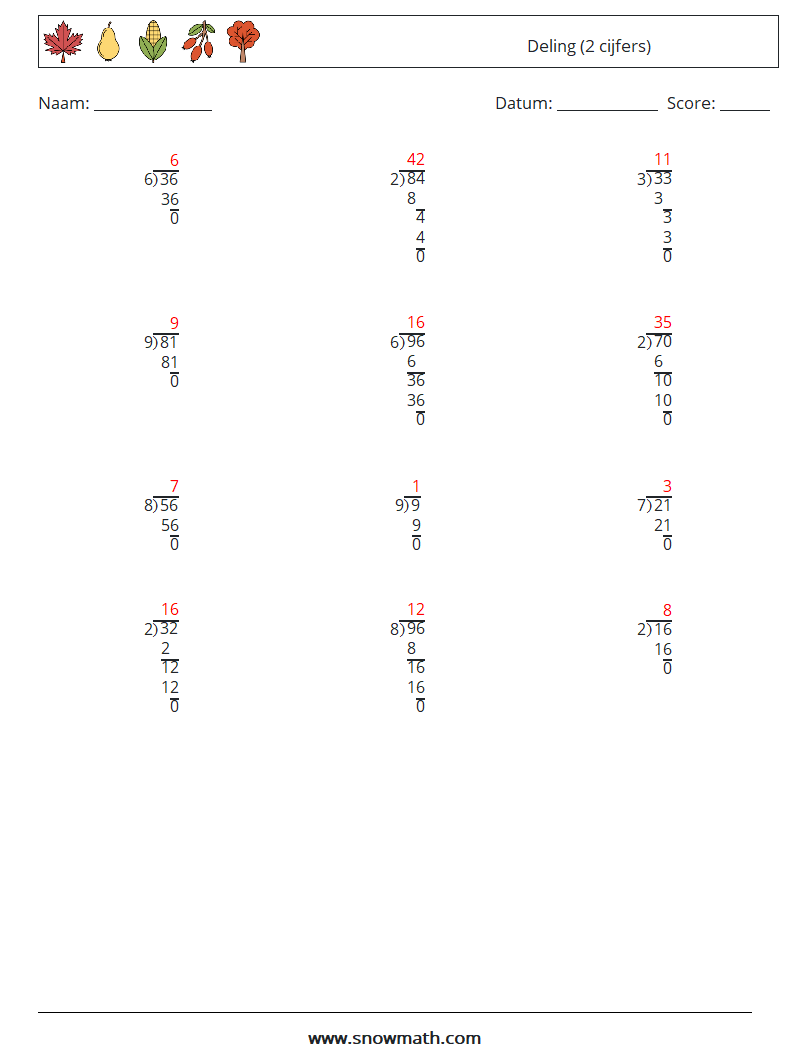 (12) Deling (2 cijfers) Wiskundige werkbladen 15 Vraag, Antwoord