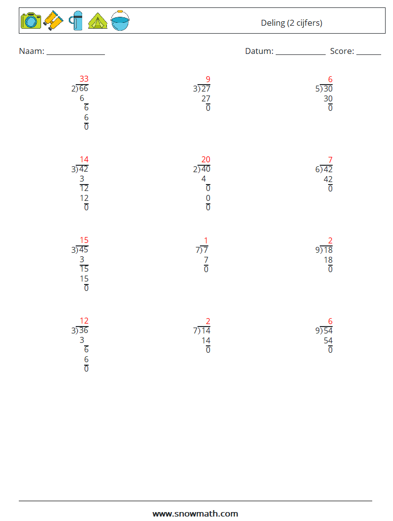 (12) Deling (2 cijfers) Wiskundige werkbladen 18 Vraag, Antwoord