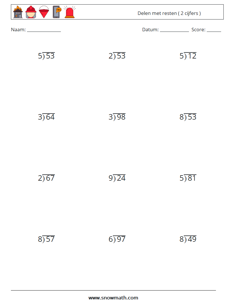 (12) Delen met resten ( 2 cijfers )