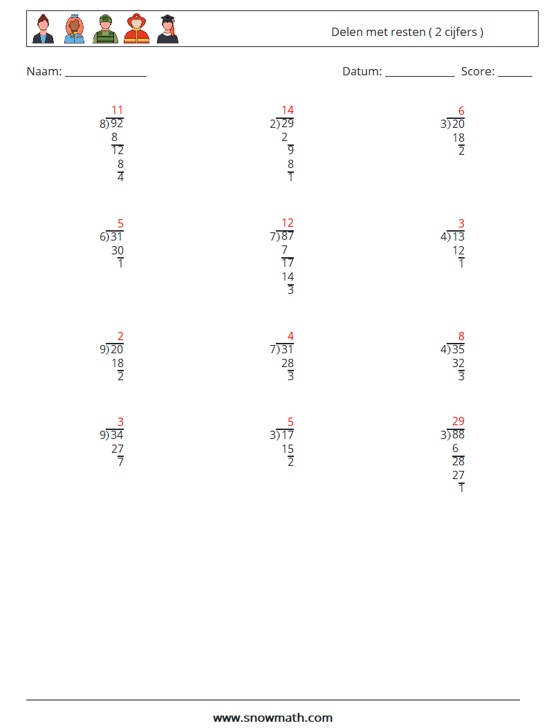 (12) Delen met resten ( 2 cijfers ) Wiskundige werkbladen 10 Vraag, Antwoord