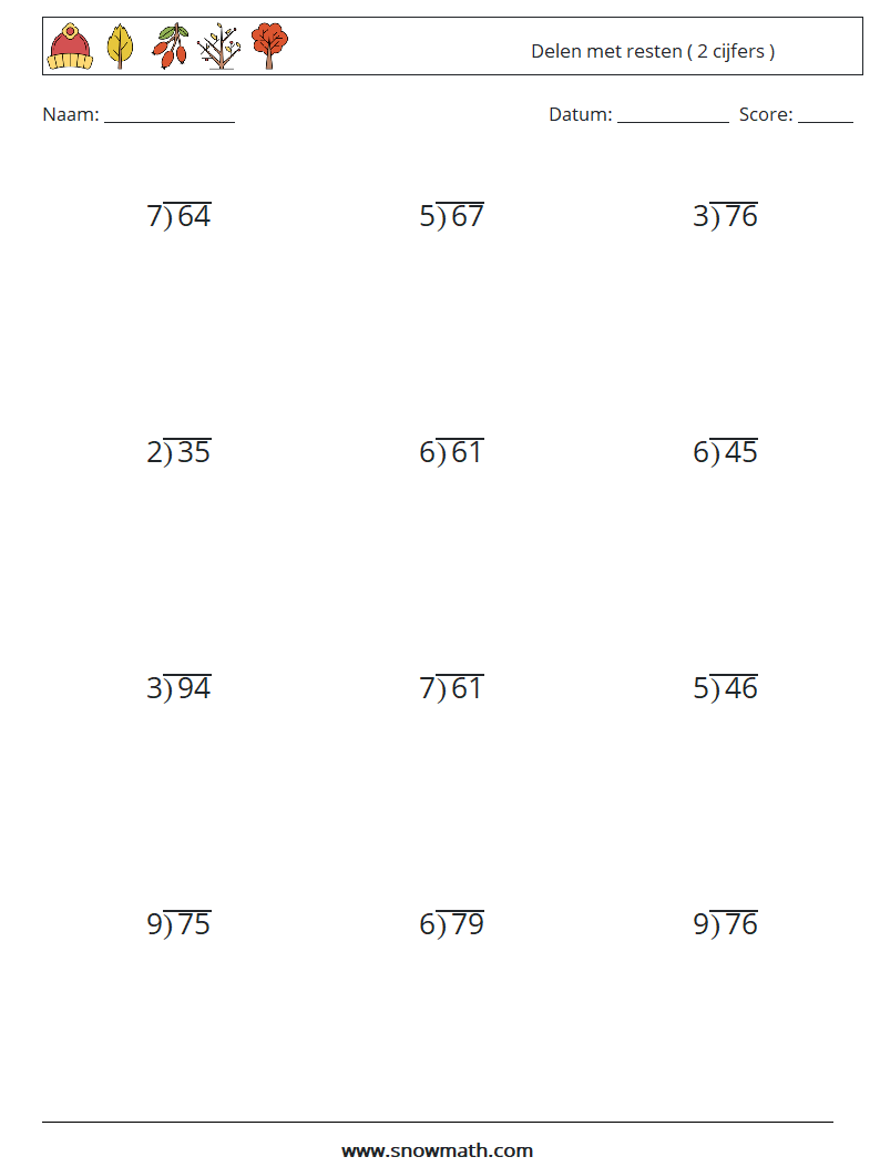 (12) Delen met resten ( 2 cijfers ) Wiskundige werkbladen 11