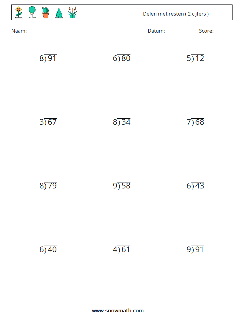 (12) Delen met resten ( 2 cijfers ) Wiskundige werkbladen 12