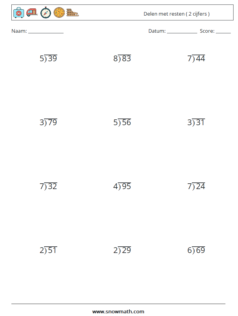(12) Delen met resten ( 2 cijfers ) Wiskundige werkbladen 13