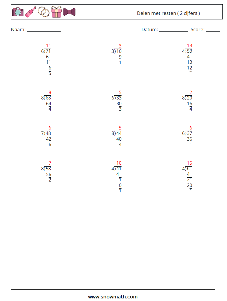 (12) Delen met resten ( 2 cijfers ) Wiskundige werkbladen 14 Vraag, Antwoord