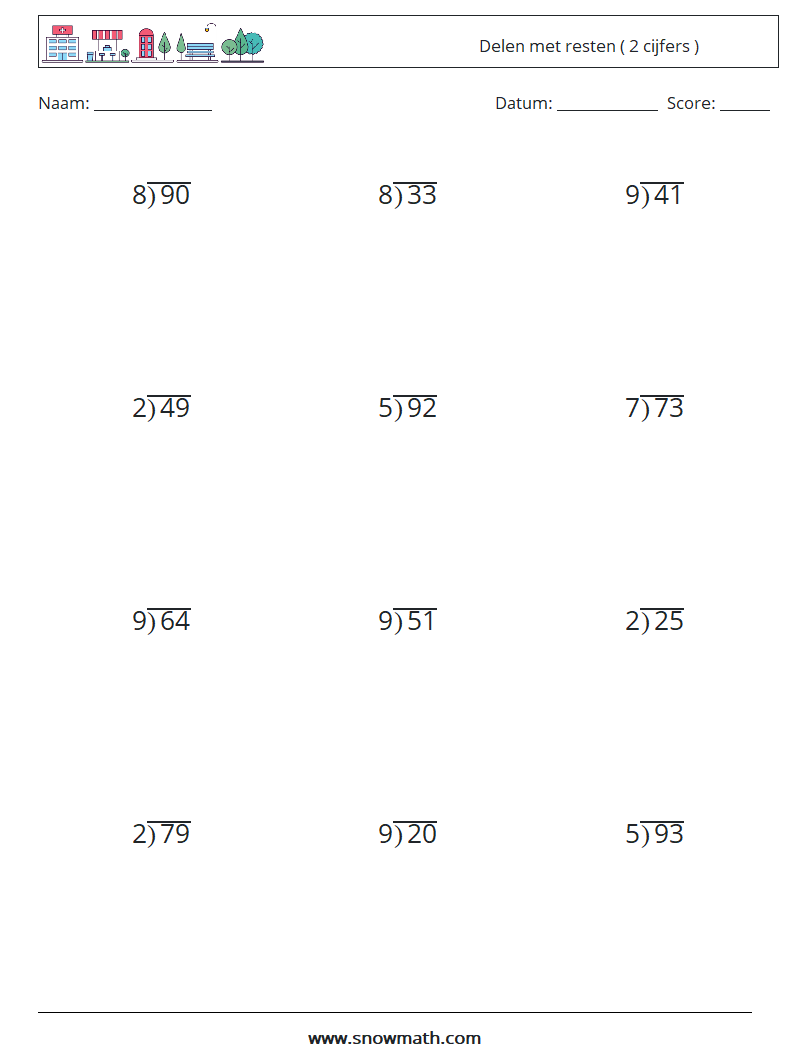 (12) Delen met resten ( 2 cijfers ) Wiskundige werkbladen 16