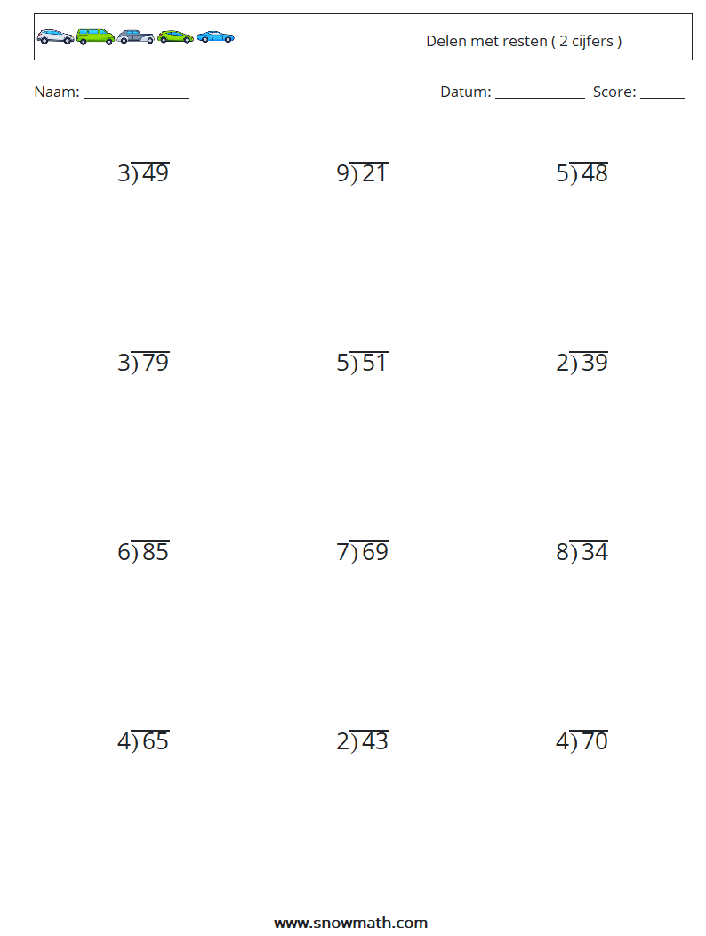 (12) Delen met resten ( 2 cijfers ) Wiskundige werkbladen 17