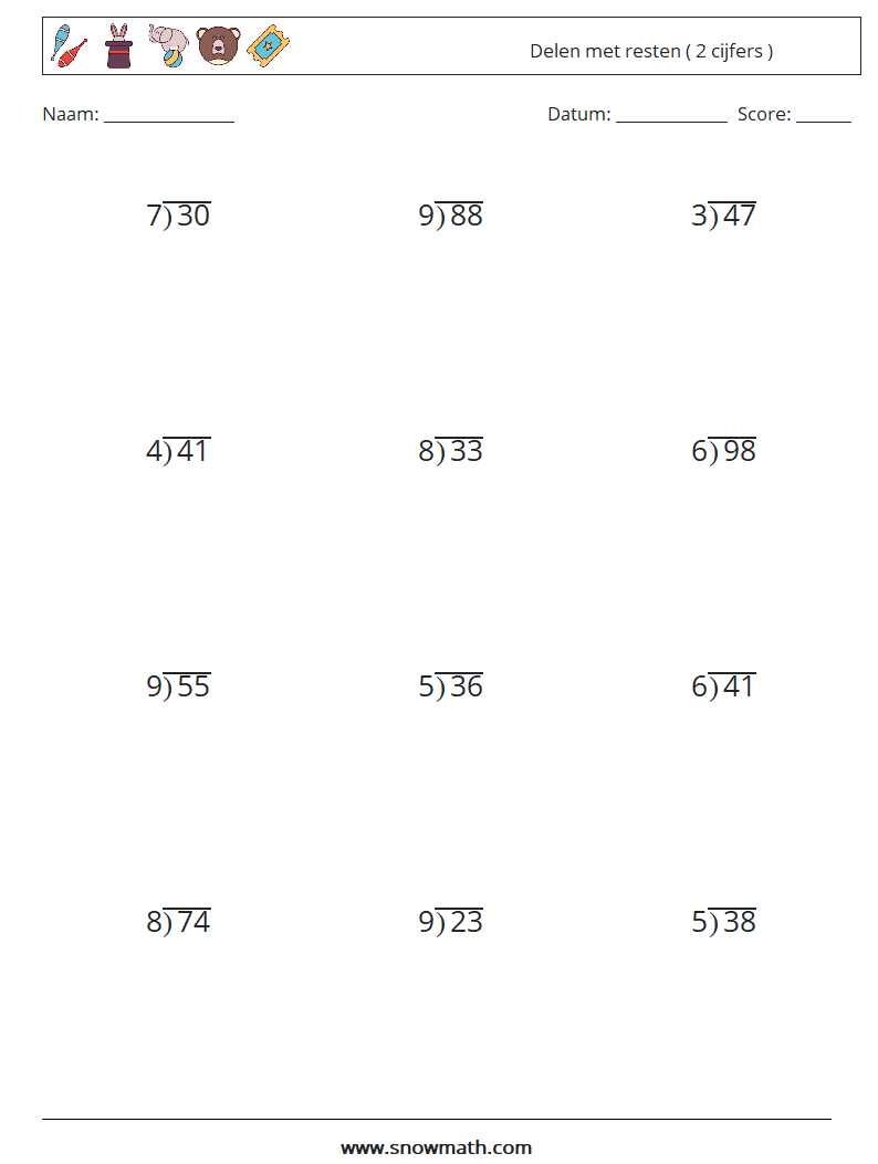 (12) Delen met resten ( 2 cijfers ) Wiskundige werkbladen 2