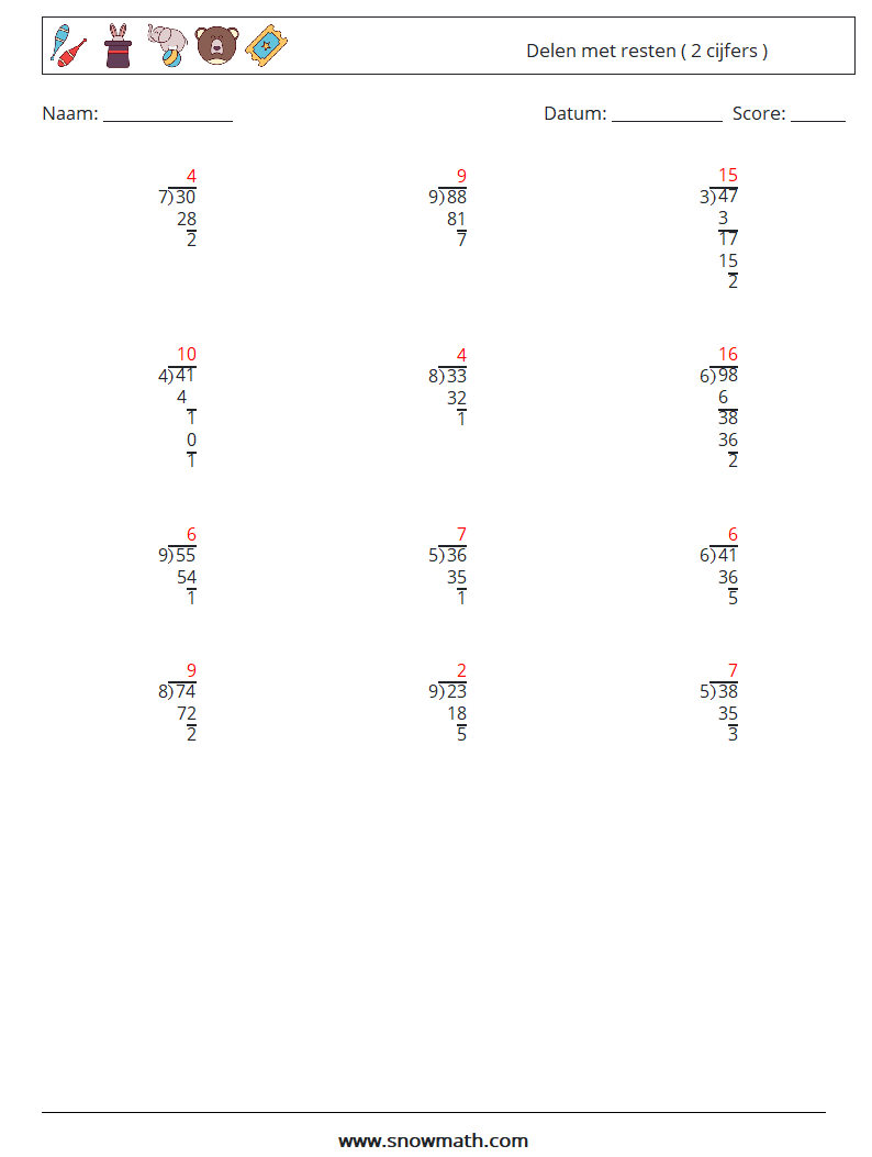 (12) Delen met resten ( 2 cijfers ) Wiskundige werkbladen 2 Vraag, Antwoord