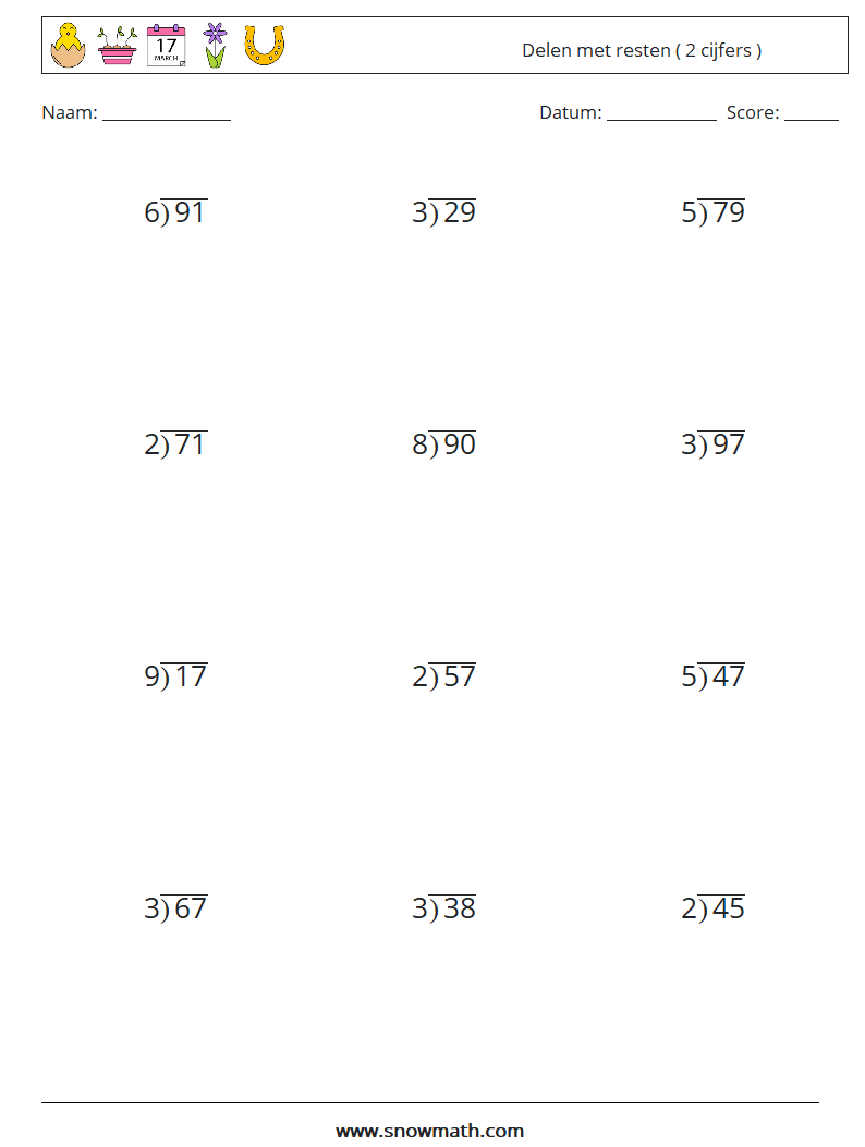 (12) Delen met resten ( 2 cijfers ) Wiskundige werkbladen 4