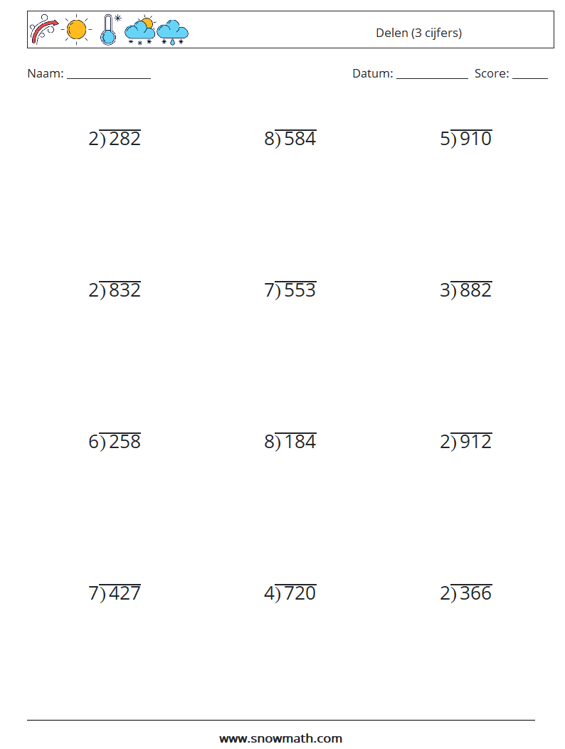 (12) Delen (3 cijfers) Wiskundige werkbladen 10