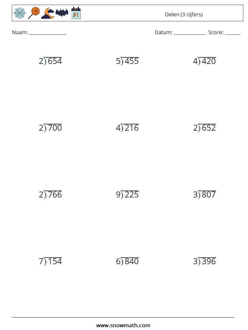 (12) Delen (3 cijfers) Wiskundige werkbladen 11