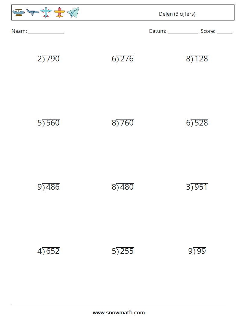 (12) Delen (3 cijfers) Wiskundige werkbladen 12