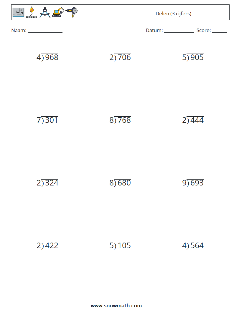(12) Delen (3 cijfers) Wiskundige werkbladen 13
