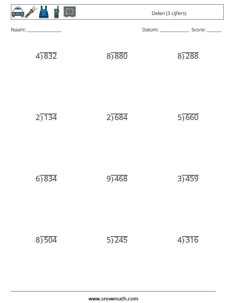 (12) Delen (3 cijfers) Wiskundige werkbladen 14