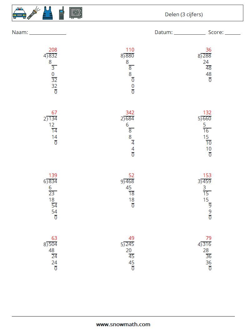 (12) Delen (3 cijfers) Wiskundige werkbladen 14 Vraag, Antwoord