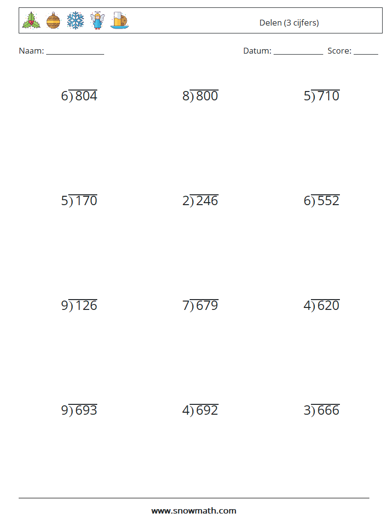 (12) Delen (3 cijfers) Wiskundige werkbladen 16