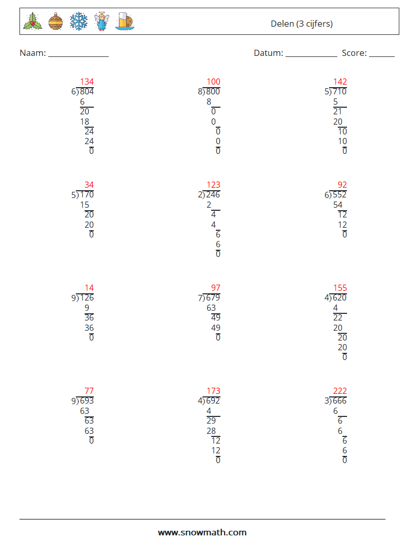 (12) Delen (3 cijfers) Wiskundige werkbladen 16 Vraag, Antwoord