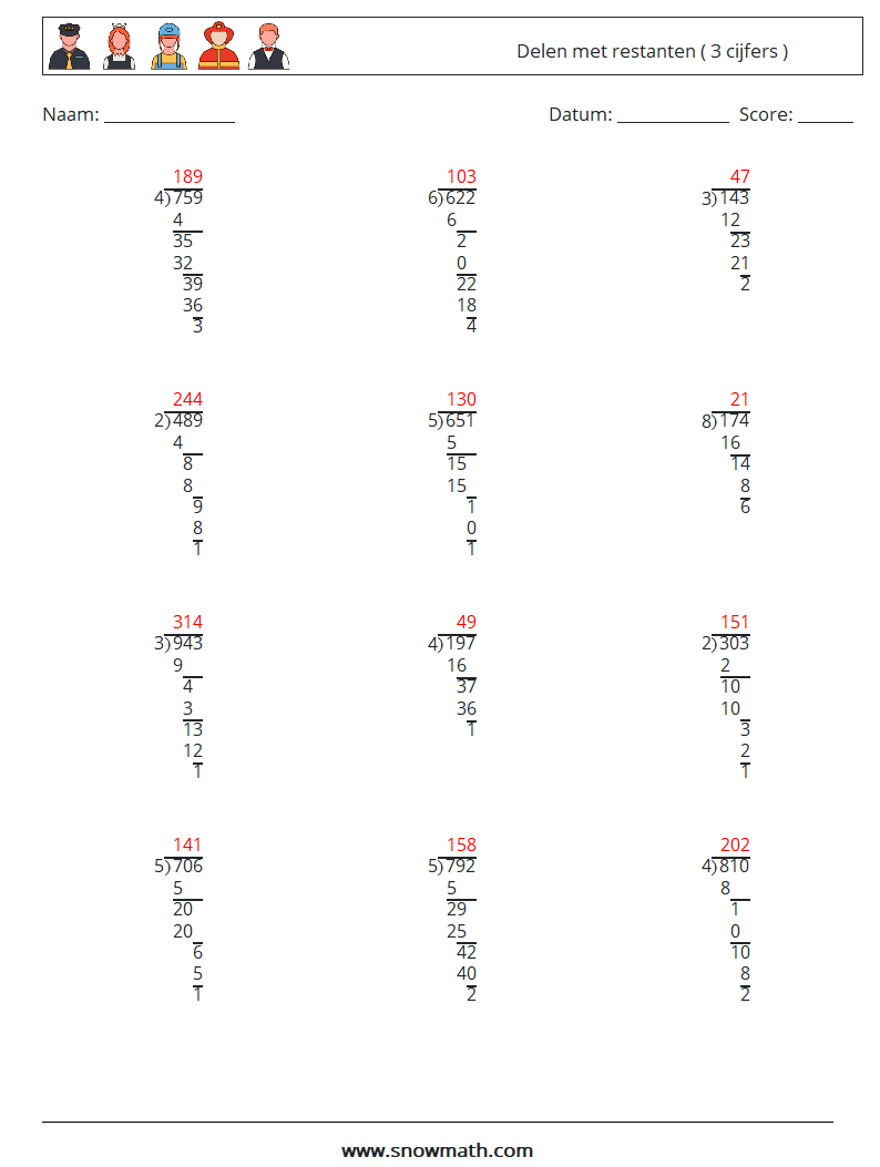 (12) Delen met restanten ( 3 cijfers ) Wiskundige werkbladen 11 Vraag, Antwoord