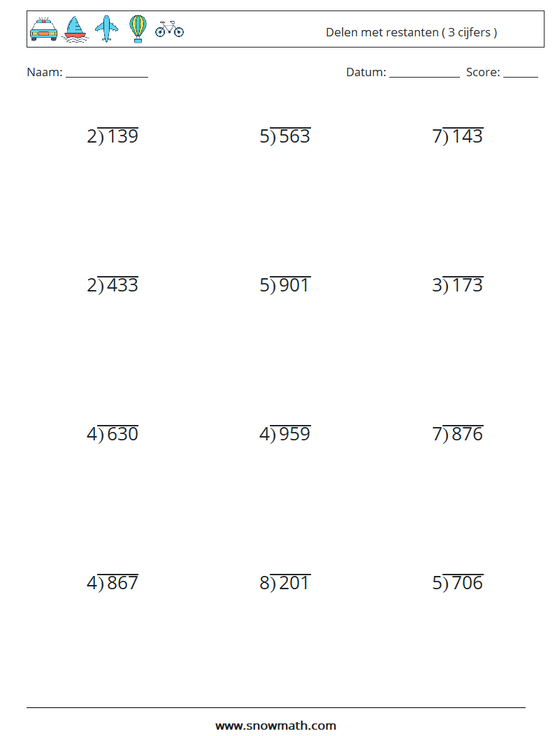 (12) Delen met restanten ( 3 cijfers ) Wiskundige werkbladen 12