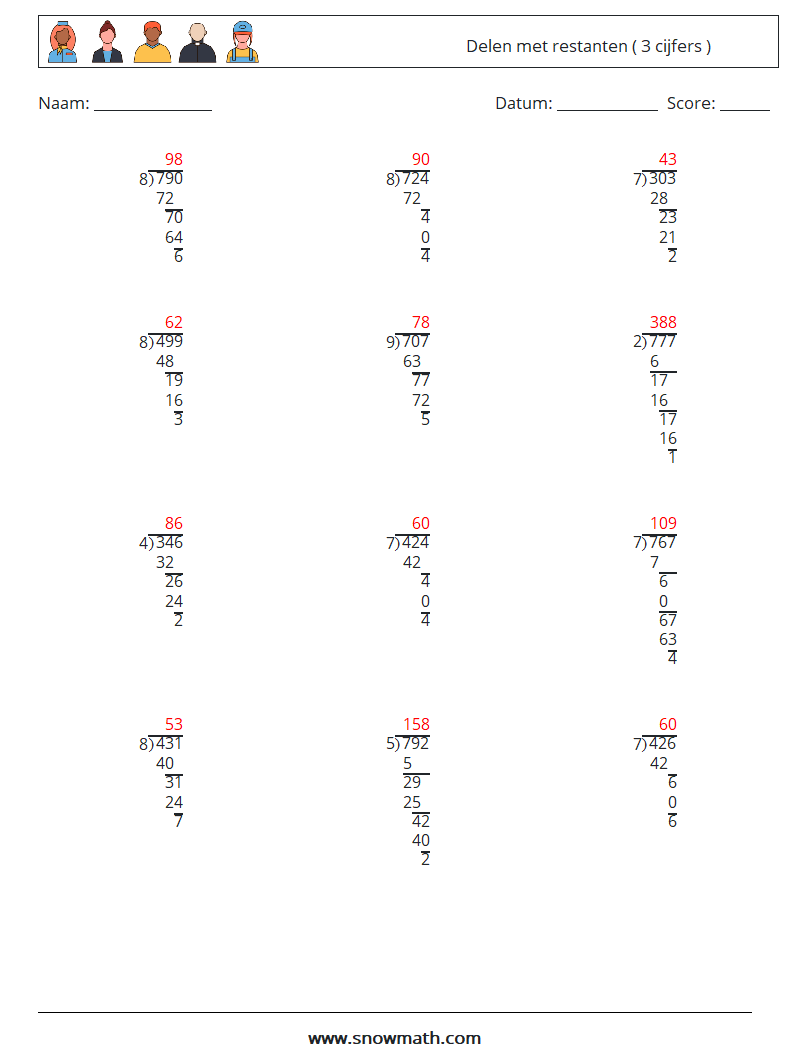 (12) Delen met restanten ( 3 cijfers ) Wiskundige werkbladen 14 Vraag, Antwoord