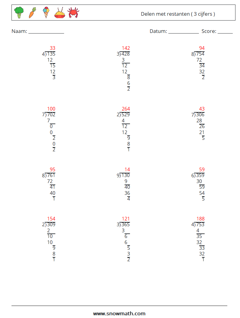 (12) Delen met restanten ( 3 cijfers ) Wiskundige werkbladen 15 Vraag, Antwoord
