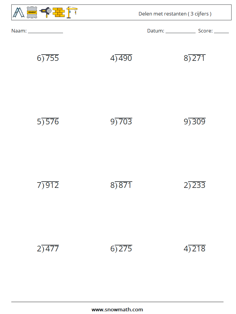 (12) Delen met restanten ( 3 cijfers ) Wiskundige werkbladen 16