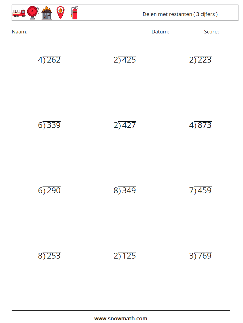 (12) Delen met restanten ( 3 cijfers ) Wiskundige werkbladen 17