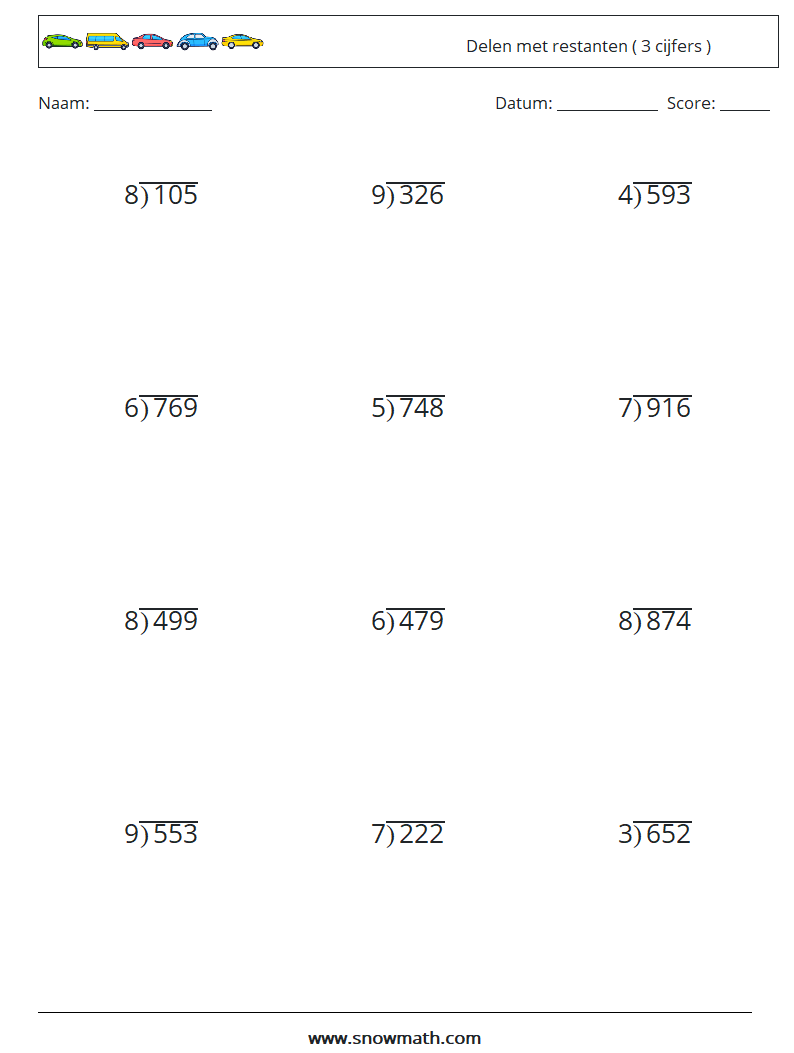 (12) Delen met restanten ( 3 cijfers ) Wiskundige werkbladen 18