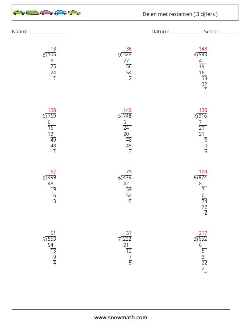 (12) Delen met restanten ( 3 cijfers ) Wiskundige werkbladen 18 Vraag, Antwoord