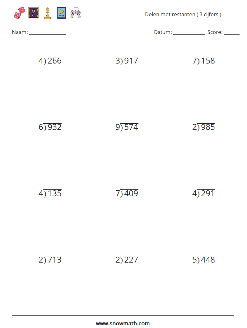 (12) Delen met restanten ( 3 cijfers ) Wiskundige werkbladen 2